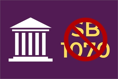[ai] An illustration featuring a white classical building icon next to a red circle with a diagonal line over the text "SB 1070" in bold yellow letters, set against a purple background.